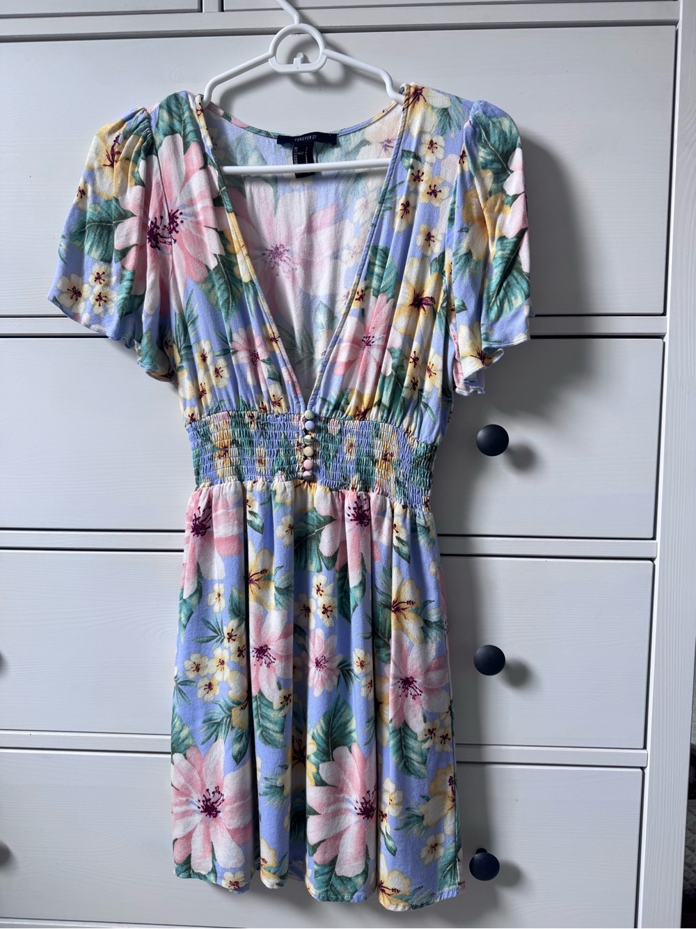 Forever 21 Pastel Floral Smocked-Waist Mini Dress